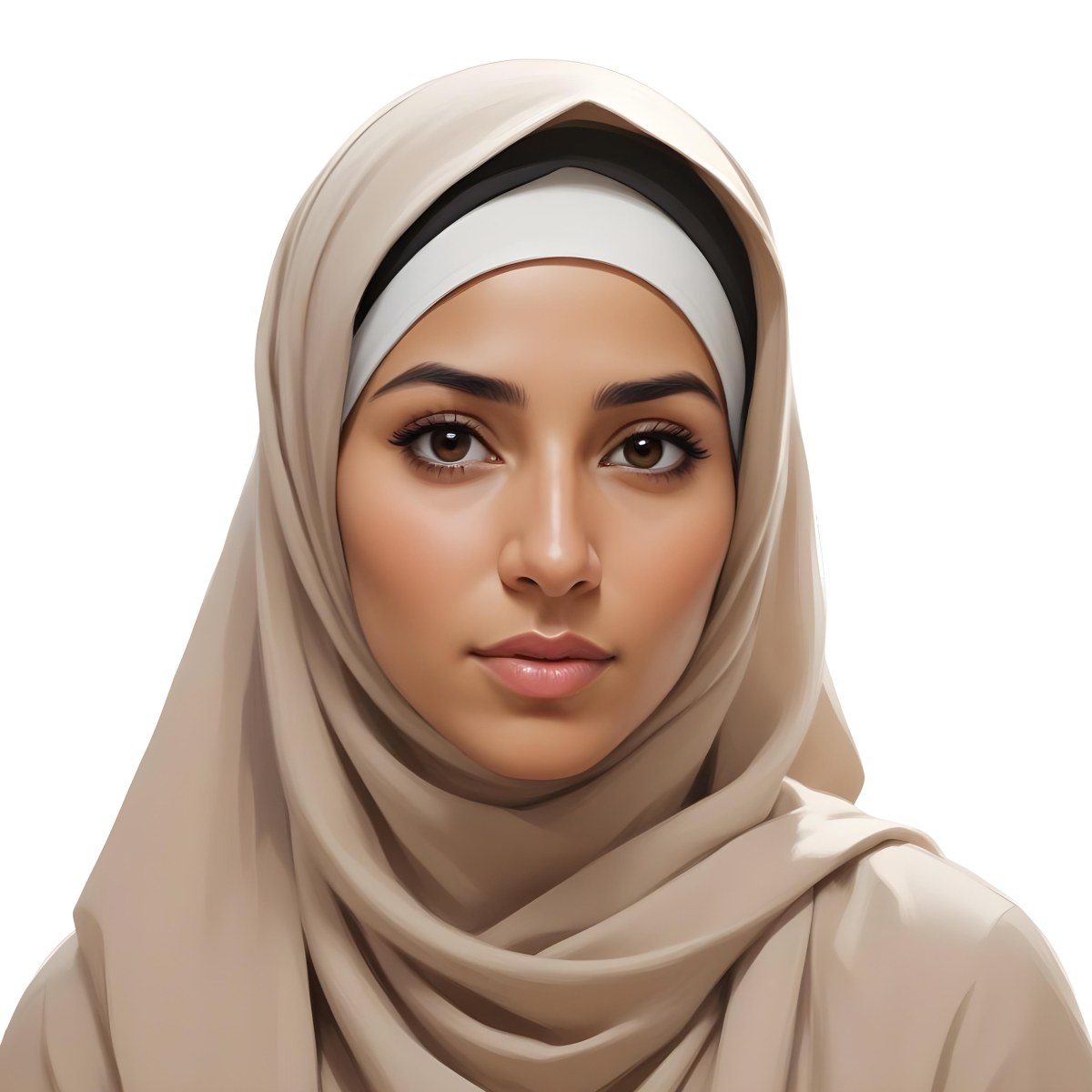 Digital Painting A Woman Of Middle Eastern Descent Approximately 30 Years Old With Medium Brown Skin And Dark Hair Covered By A Light Beige Hijab She Has A Neutral Expression And Is Facing Forward Against A Plain Whit 5 Eec2