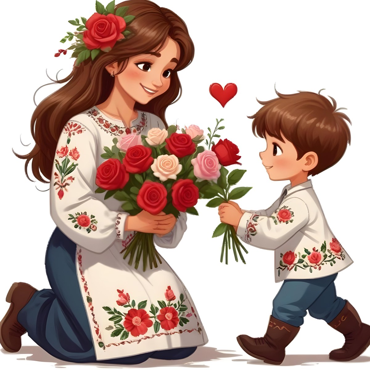Digital Painting A Woman With Long Brown Hair Wearing A Traditional Embroidered Dress Is Kneeling And Receiving A Bouquet Of Roses From A Young Boy With Short Brown Hair The Boy Is Wearing A Similar Embroidered Shirt An 61 58a1