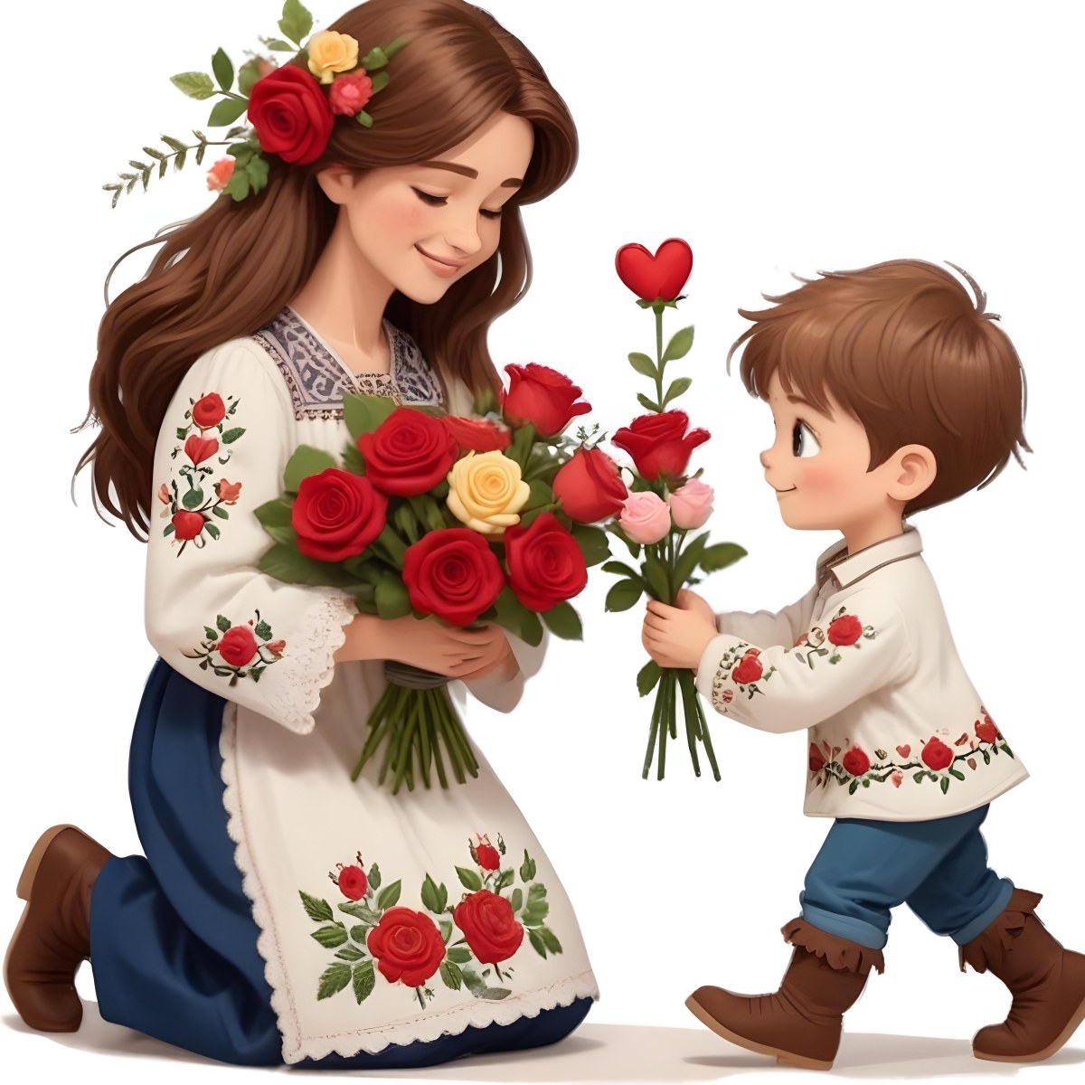Digital Painting A Woman With Long Brown Hair Wearing A Traditional Embroidered Dress Is Kneeling And Receiving A Bouquet Of Roses From A Young Boy With Short Brown Hair The Boy Is Wearing A Similar Embroidered Shirt An 8 69ef