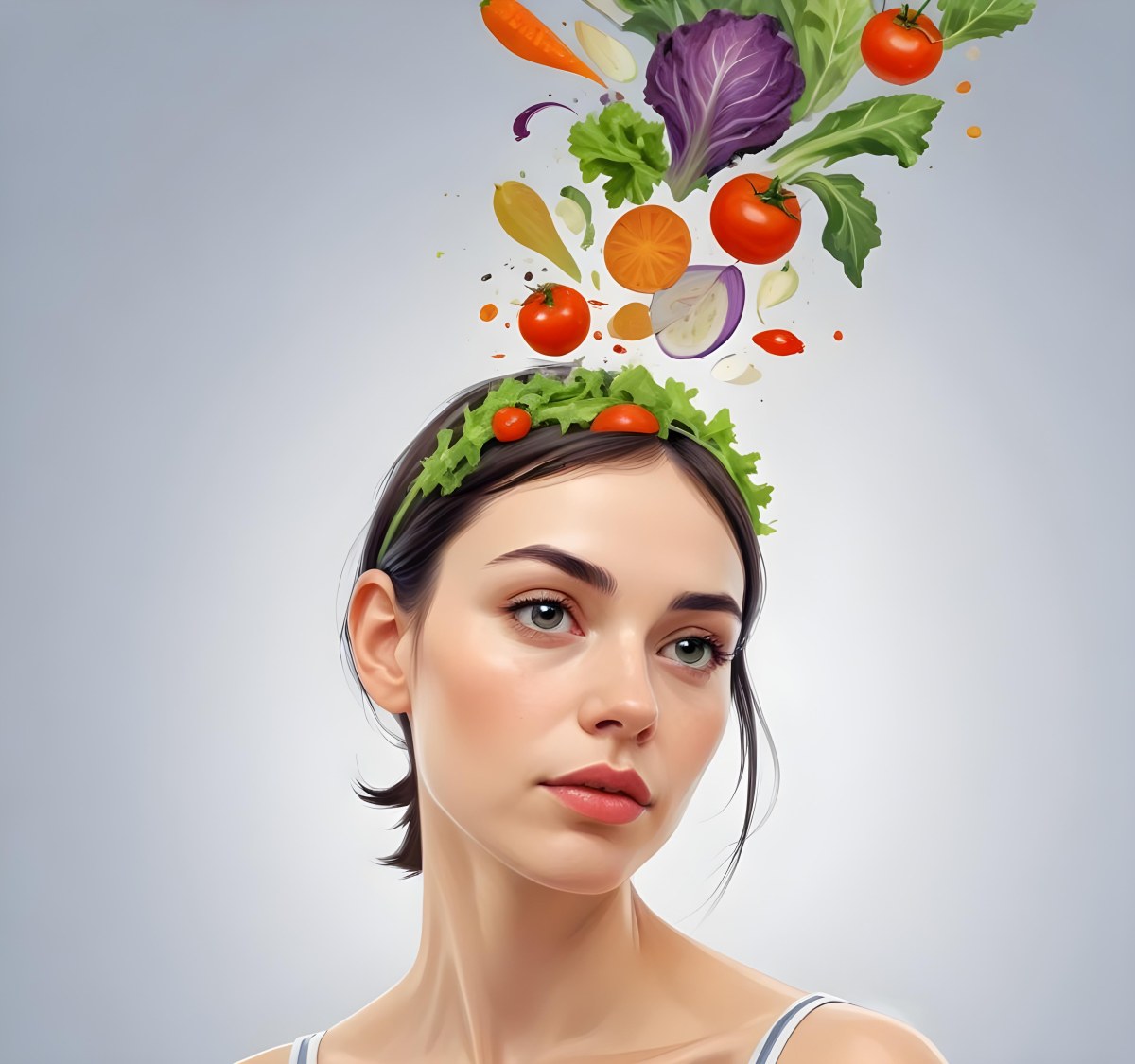Digital Painting A Young Caucasian Woman With Short Dark Hair Looking Thoughtfully At The Camera With Various Fresh Vegetables And Salad Ingredients Floating Around Her Head Bold And Slim Lines Brush Strokes 1 Ced3