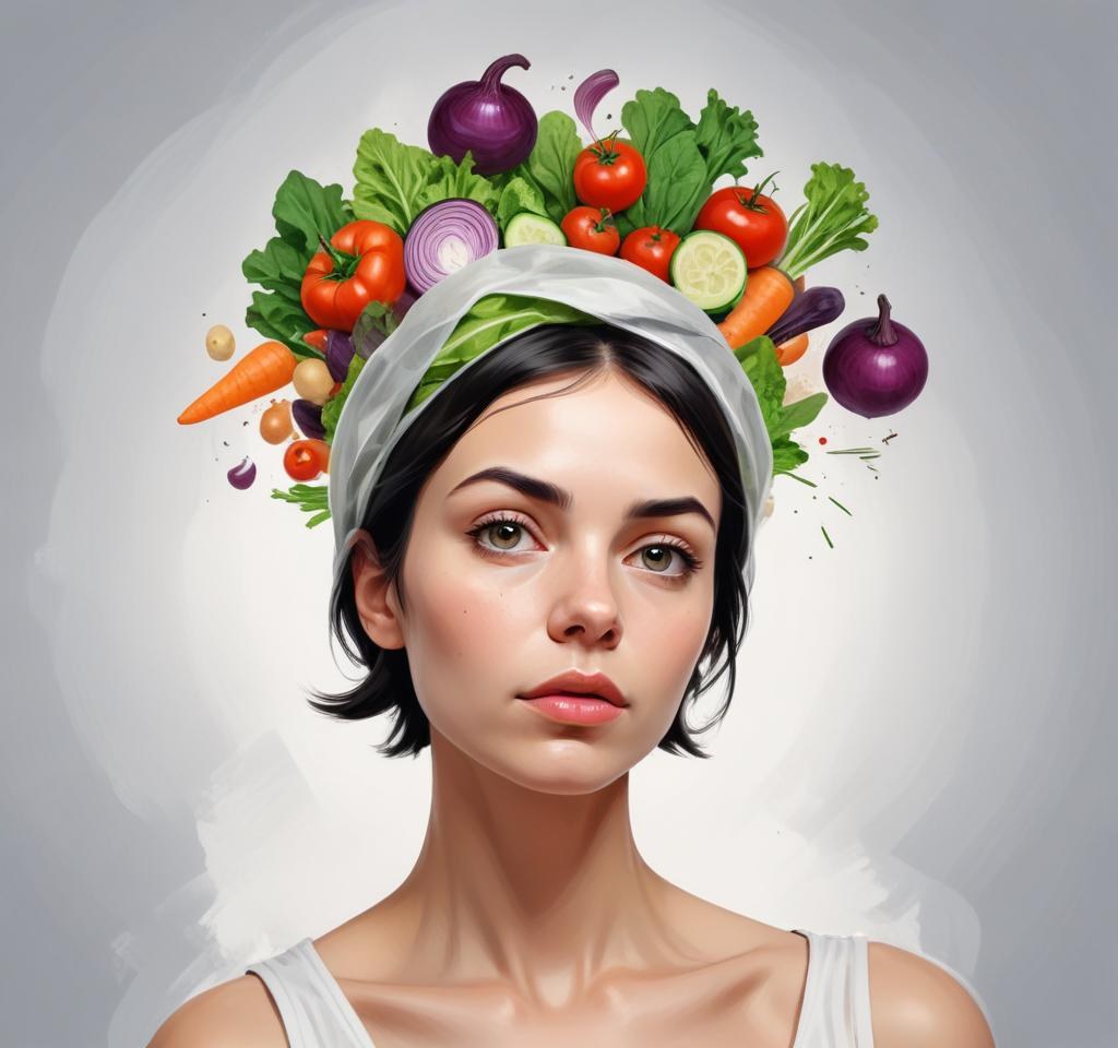 Digital Painting A Young Caucasian Woman With Short Dark Hair Looking Thoughtfully At The Camera With Various Fresh Vegetables And Salad Ingredients Floating Around Her Head Bold And Slim Lines Brush Strokes 1 E310