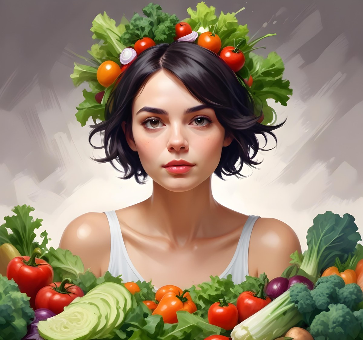 Digital Painting A Young Caucasian Woman With Short Dark Hair Looking Thoughtfully At The Camera With Various Fresh Vegetables And Salad Ingredients Floating Around Her Head Bold And Slim Lines Brush Strokes 2 F956