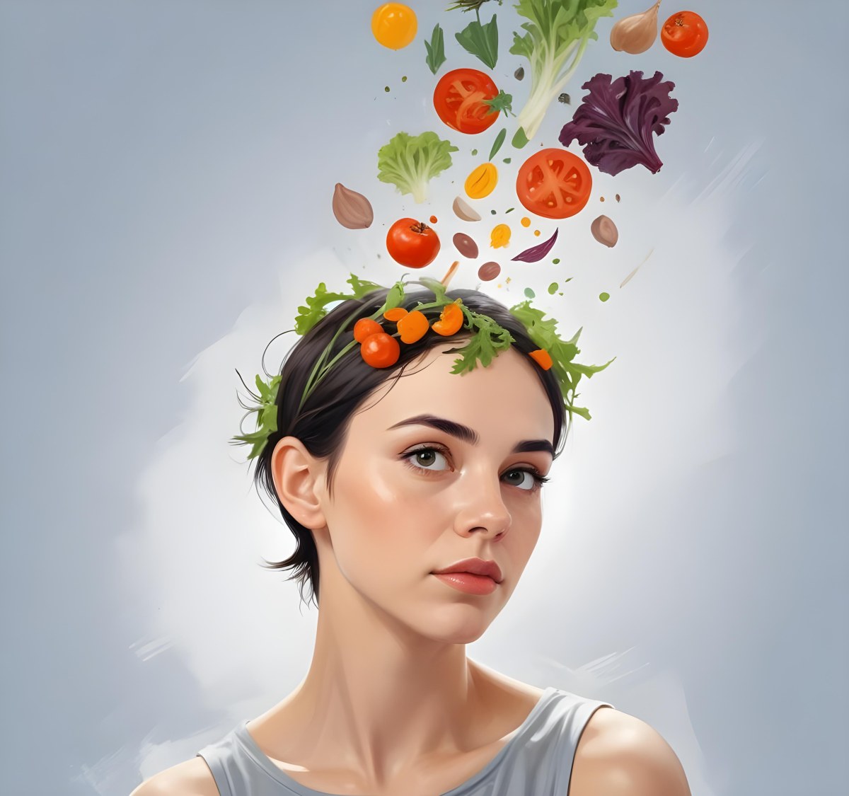 Digital Painting A Young Caucasian Woman With Short Dark Hair Looking Thoughtfully At The Camera With Various Fresh Vegetables And Salad Ingredients Floating Around Her Head Bold And Slim Lines Brush Strokes 3 132c