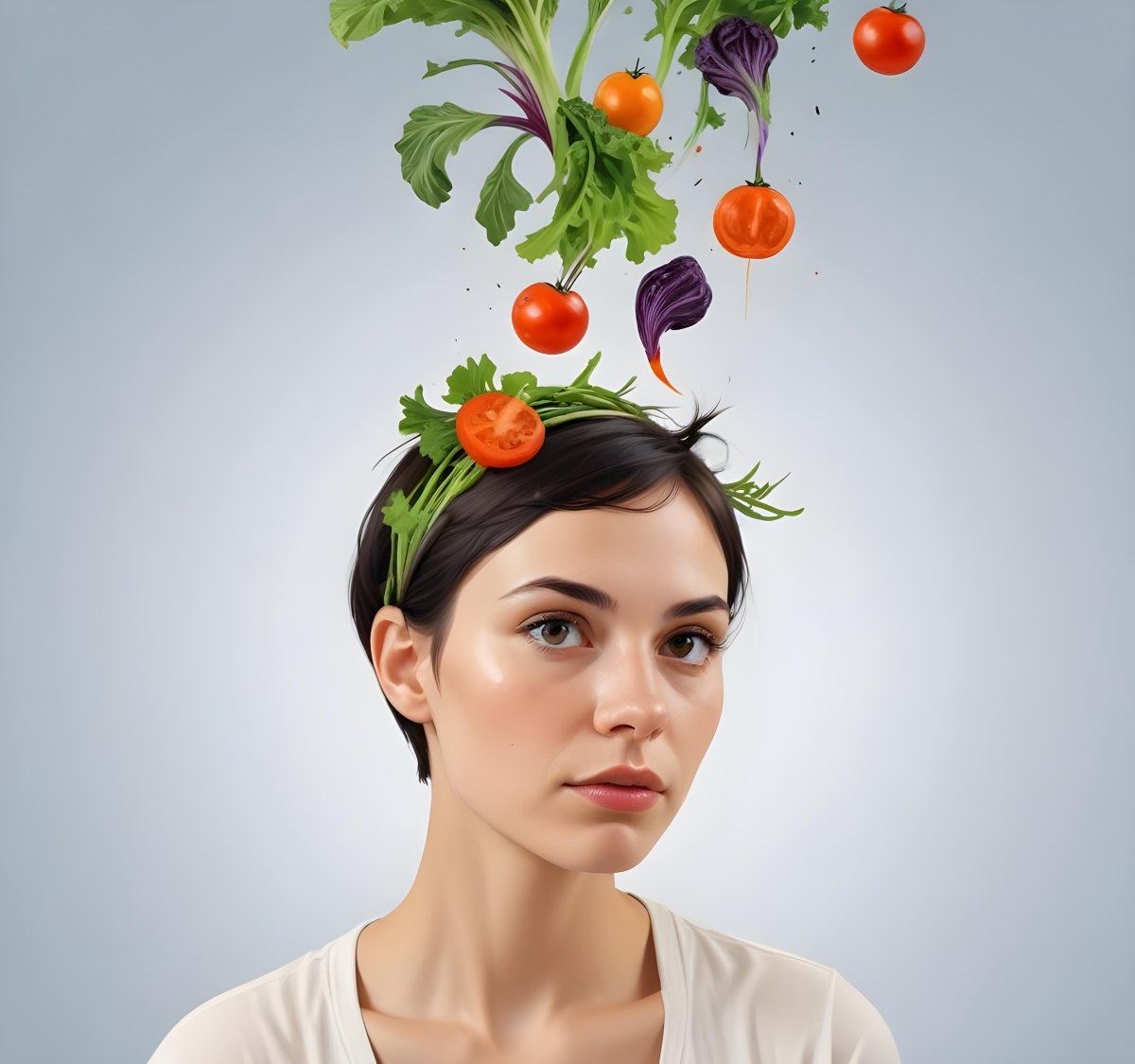 Digital Painting A Young Caucasian Woman With Short Dark Hair Looking Thoughtfully At The Camera With Various Fresh Vegetables And Salad Ingredients Floating Around Her Head Bold And Slim Lines Brush Strokes 5 63ed