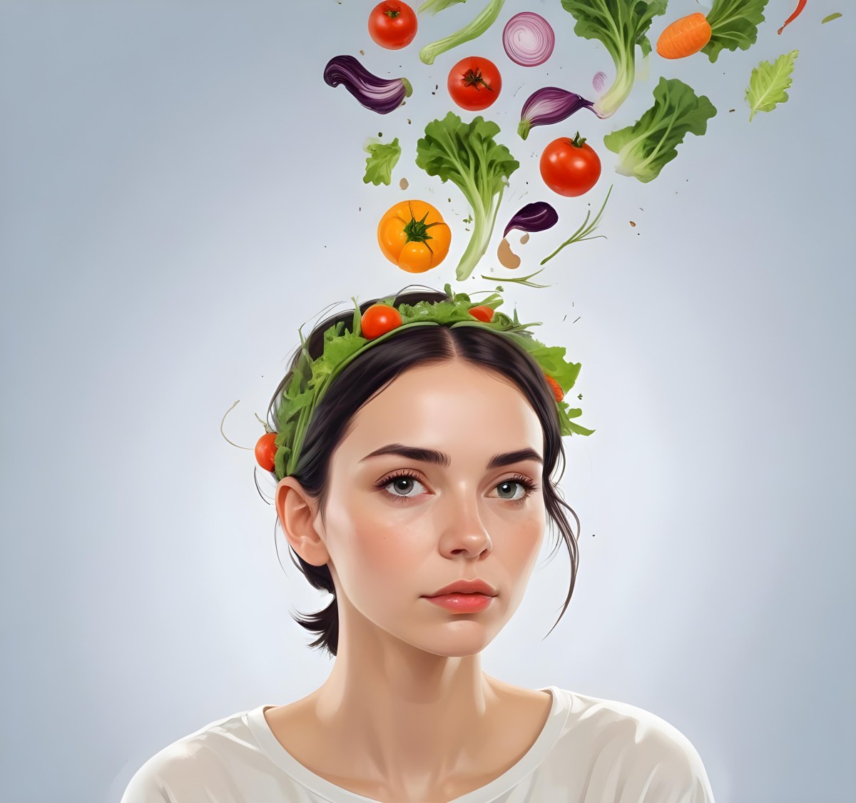 Digital Painting A Young Caucasian Woman With Short Dark Hair Looking Thoughtfully At The Camera With Various Fresh Vegetables And Salad Ingredients Floating Around Her Head Bold And Slim Lines Brush Strokes 6 4e02