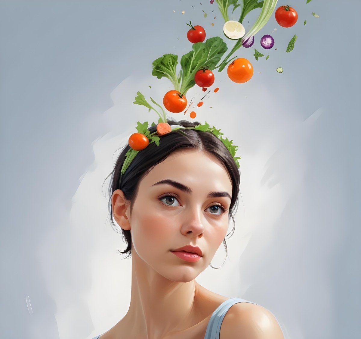 Digital Painting A Young Caucasian Woman With Short Dark Hair Looking Thoughtfully At The Camera With Various Fresh Vegetables And Salad Ingredients Floating Around Her Head Bold And Slim Lines Brush Strokes 7 2c56