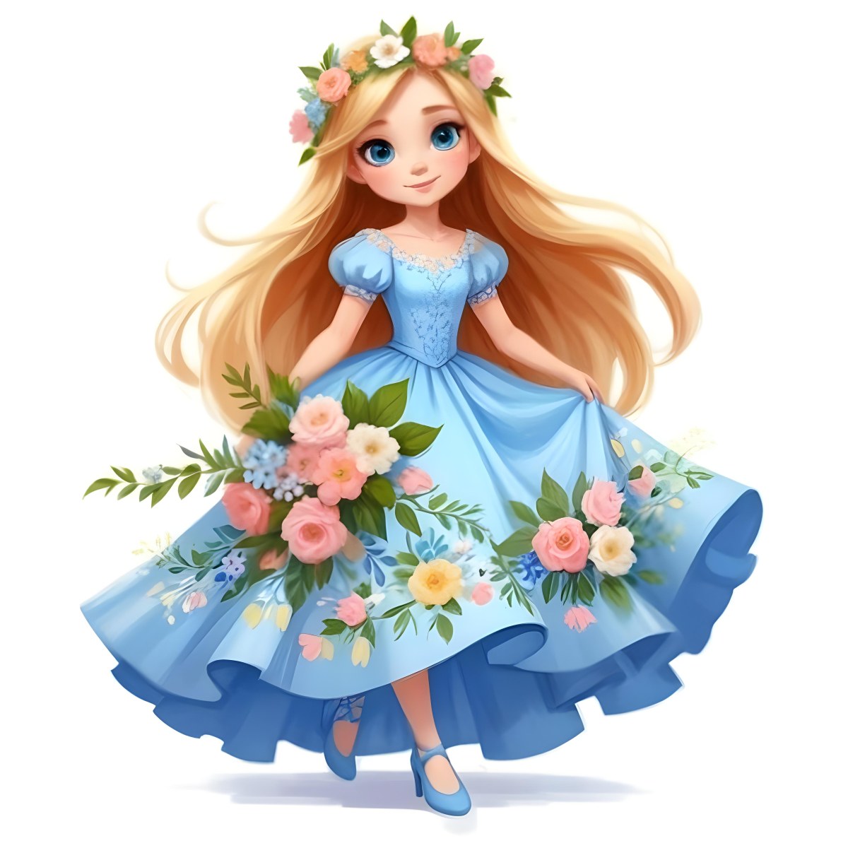 Digital Painting A Young Girl With Long Flowing Blonde Hair And Blue Eyes Wearing A Light Blue Dress Adorned With Floral Patterns She Holds A Bouquet Of Flowers And Wears A Floral Crown The Dress Has A Flared Skirt 56 3c7c