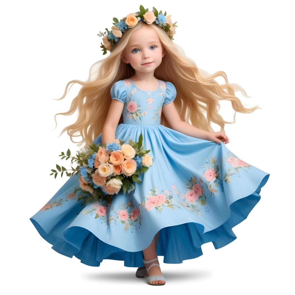 Digital Painting A Young Girl With Long Flowing Blonde Hair And Blue Eyes Wearing A Light Blue Dress Adorned With Floral Patterns She Holds A Bouquet Of Flowers And Wears A Floral Crown The Dress Has A Flared Skirt 6 Cb4b