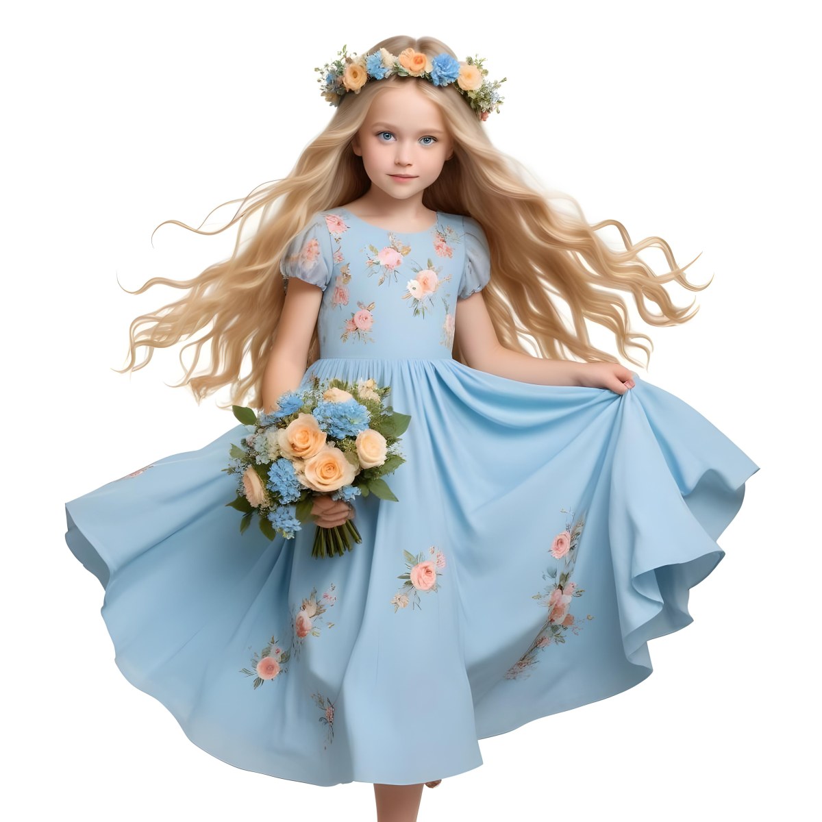 Digital Painting A Young Girl With Long Flowing Blonde Hair And Blue Eyes Wearing A Light Blue Dress Adorned With Floral Patterns She Holds A Bouquet Of Flowers And Wears A Floral Crown The Dress Has A Flared Skirt 7 4688