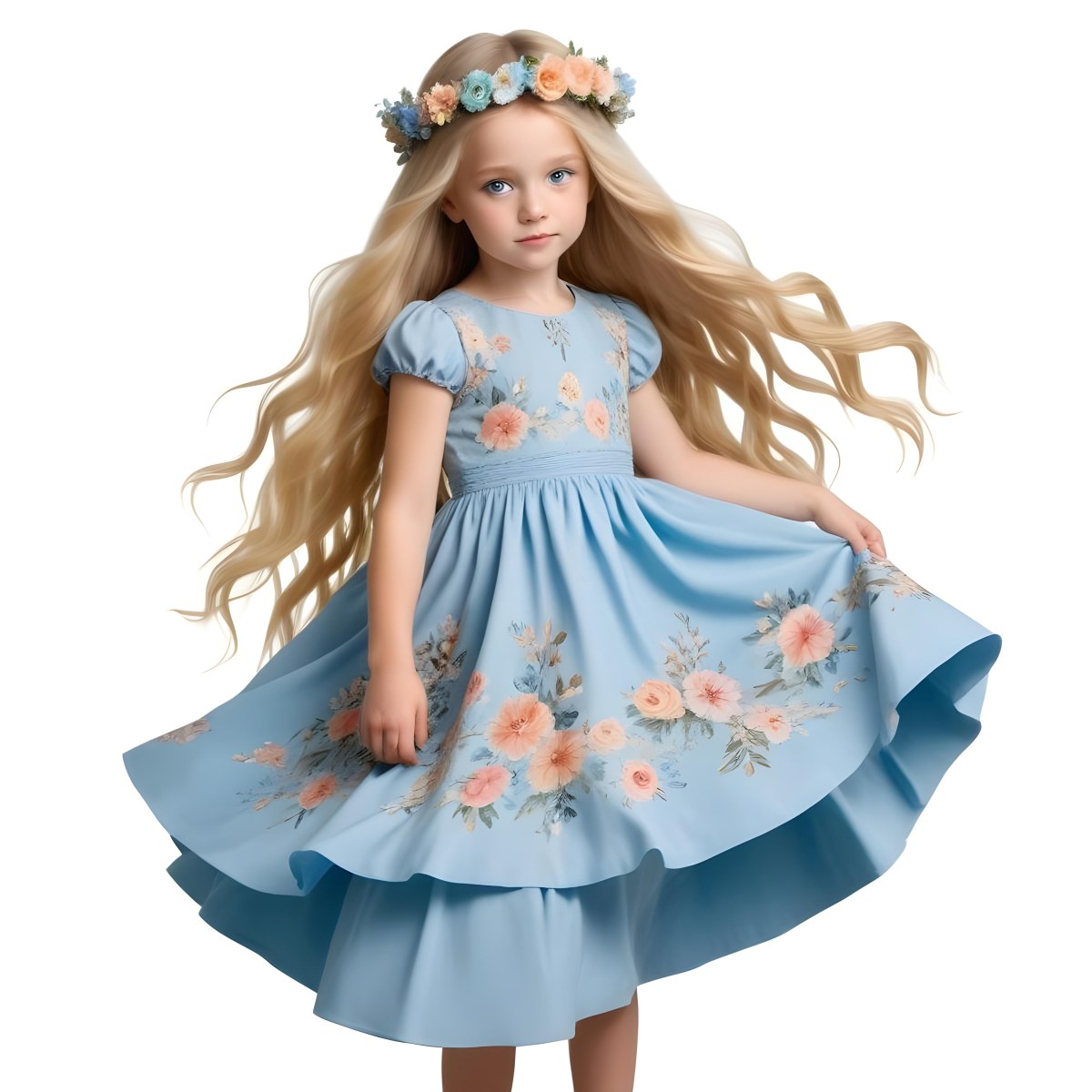 Digital Painting A Young Girl With Long Flowing Blonde Hair And Blue Eyes Wearing A Light Blue Dress Adorned With Floral Patterns She Holds A Bouquet Of Flowers And Wears A Floral Crown The Dress Has A Flared Skirt 8 F602