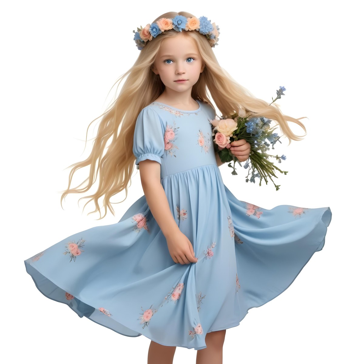 Digital Painting A Young Girl With Long Flowing Blonde Hair And Blue Eyes Wearing A Light Blue Dress Adorned With Floral Patterns She Holds A Bouquet Of Flowers And Wears A Floral Crown The Dress Has A Flared Skirt 9 9b09