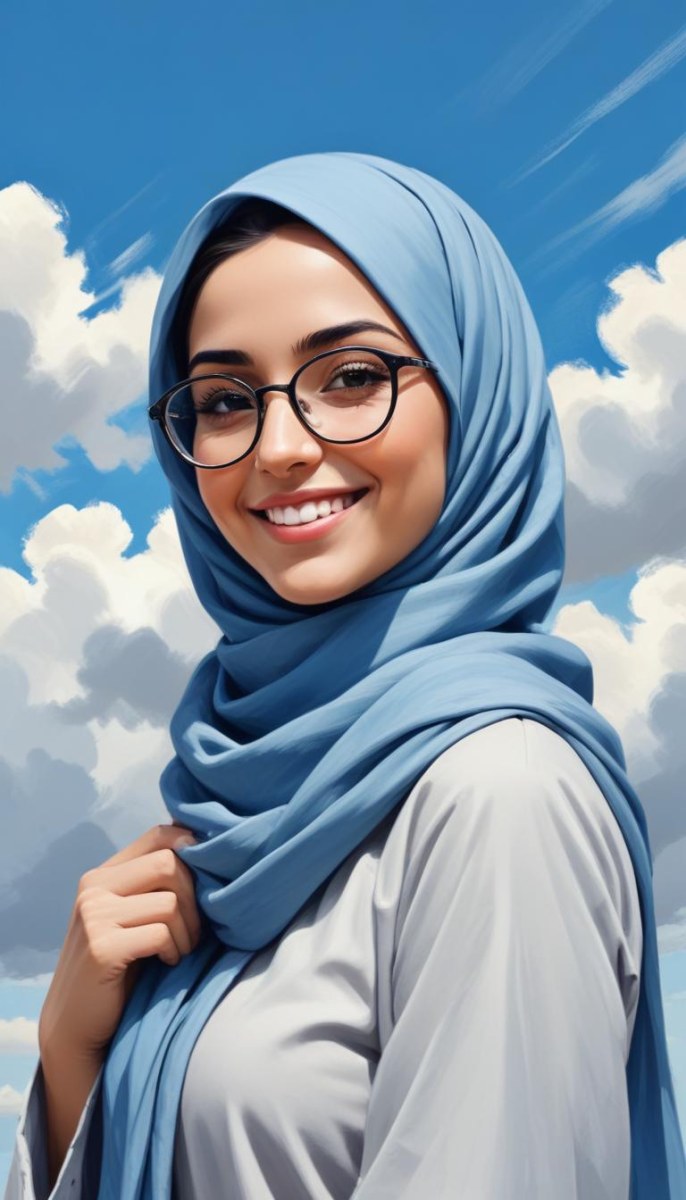 Digital Painting A Young Middle Eastern Woman With Dark Hair Wearing A Blue Hijab And Glasses Smiling Against A Cloudy Sky Background Bold And Slim Lines Brush Strokes 5 1b7f