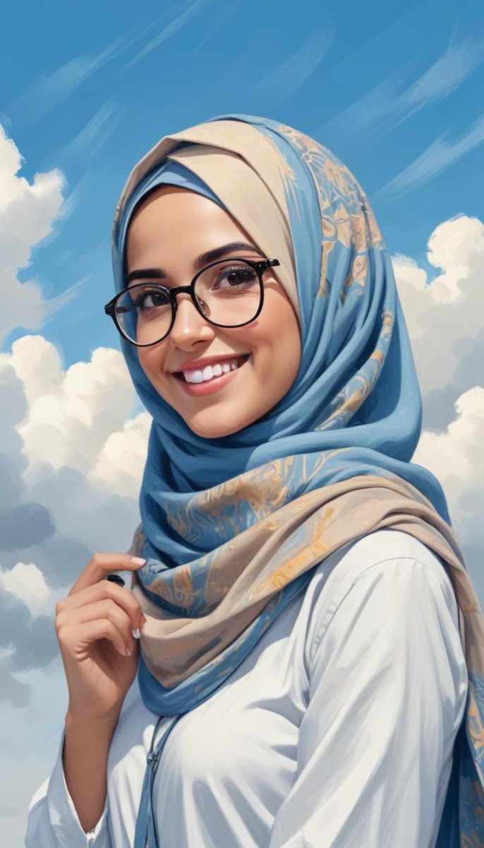 Digital Painting A Young Middle Eastern Woman With Dark Hair Wearing A Blue Hijab And Glasses Smiling Against A Cloudy Sky Background Bold And Slim Lines Brush Strokes 6 8584