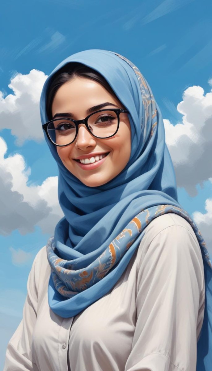 Digital Painting A Young Middle Eastern Woman With Dark Hair Wearing A Blue Hijab And Glasses Smiling Against A Cloudy Sky Background Bold And Slim Lines Brush Strokes 7 959e