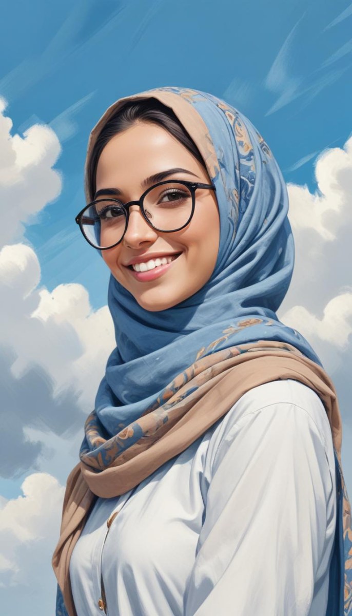 Digital Painting A Young Middle Eastern Woman With Dark Hair Wearing A Blue Hijab And Glasses Smiling Against A Cloudy Sky Background Bold And Slim Lines Brush Strokes 8 0782