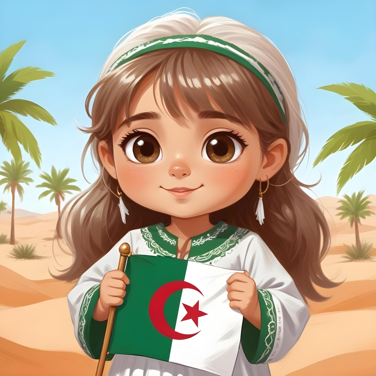 Digital Painting An Algerian Girl Age 8 With White Hair Holding An Algerian Flag Wearing A Green Dress With White Details In The Desert With Palm Trees And A Blue Sky Bold And Slim Lines Brush Strokes 5 58a7