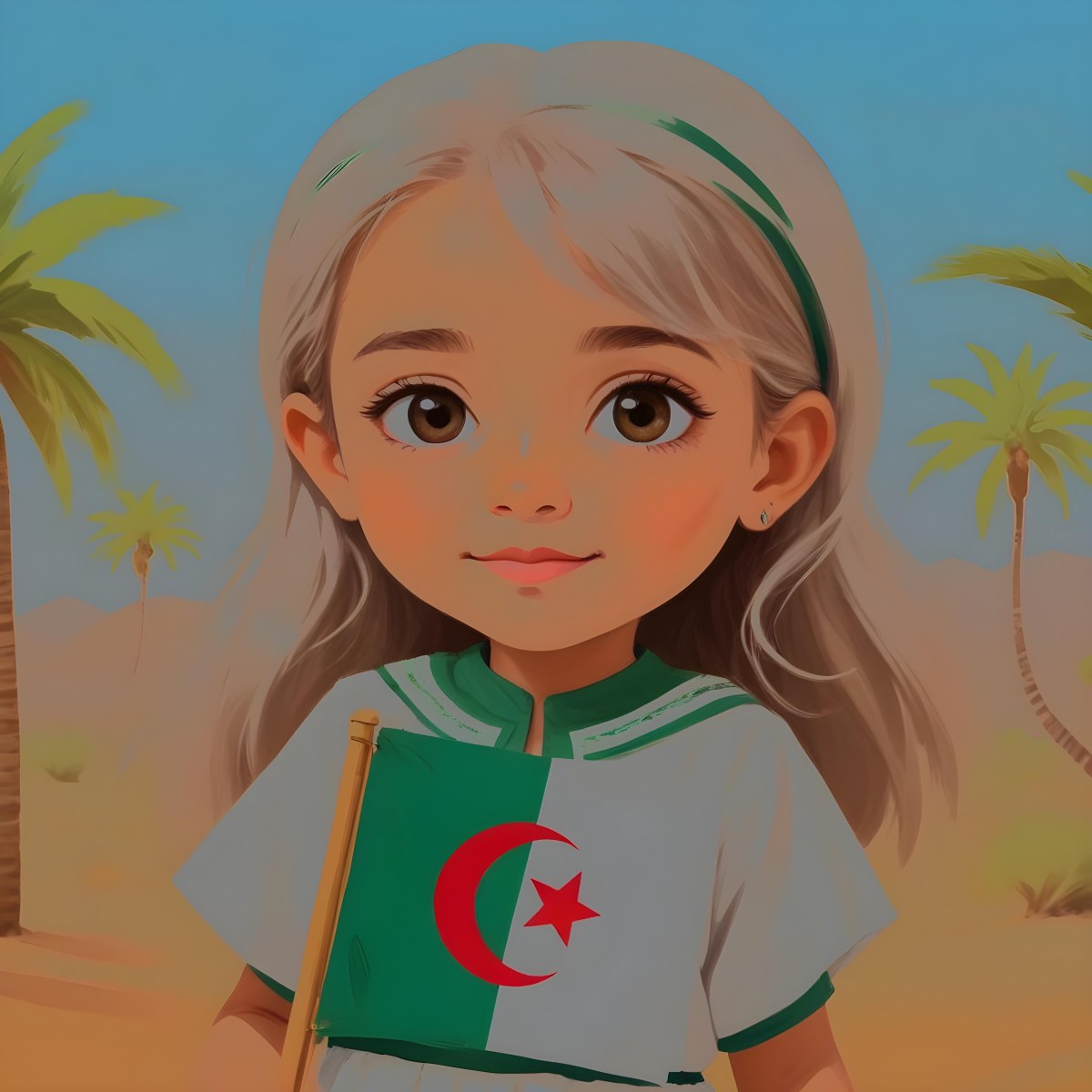 Digital Painting An Algerian Girl Age 8 With White Hair Holding An Algerian Flag Wearing A Green Dress With White Details In The Desert With Palm Trees And A Blue Sky Bold And Slim Lines Brush Strokes 6 C413
