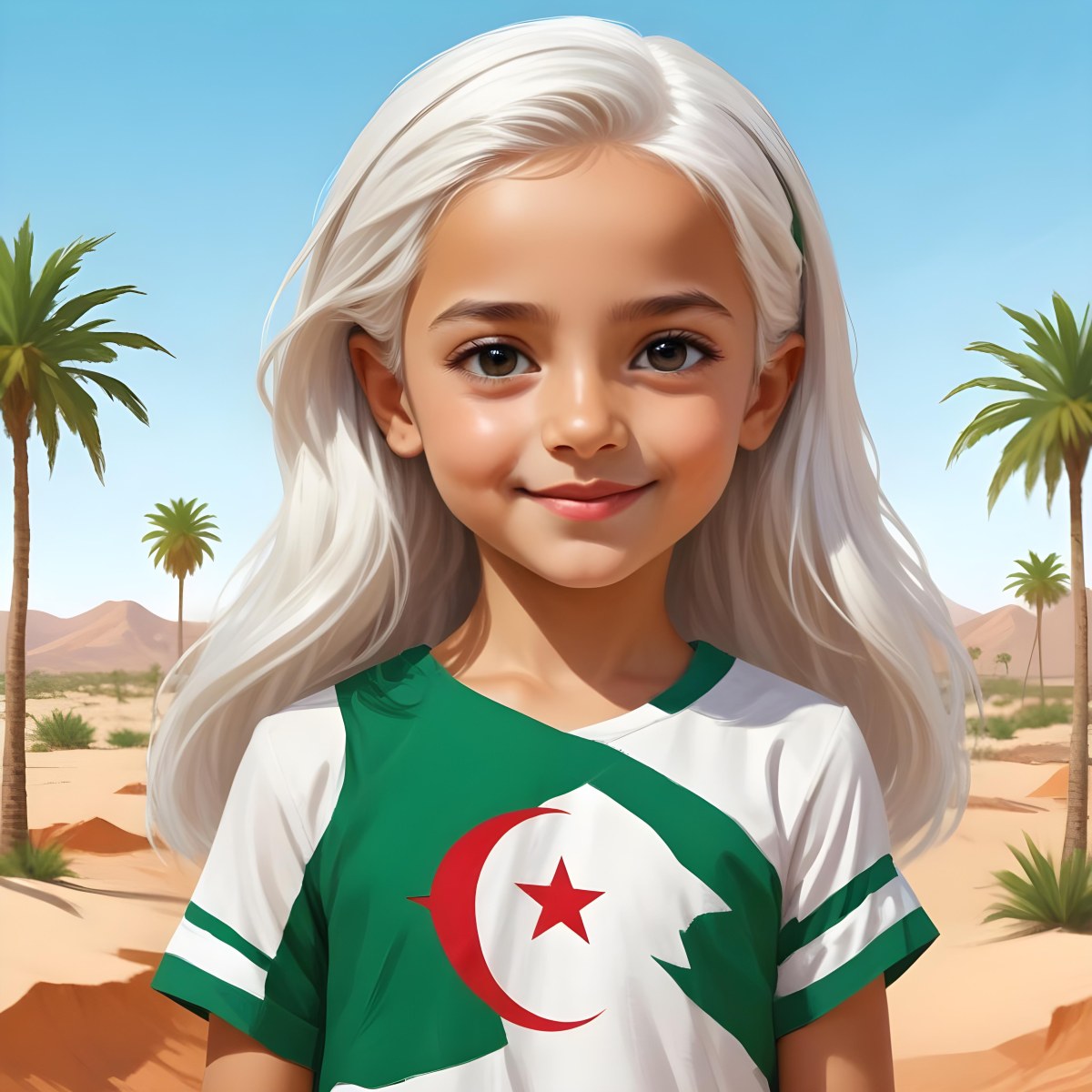 Digital Painting An Algerian Girl Age 8 With White Hair Holding An Algerian Flag Wearing A Green Dress With White Details In The Desert With Palm Trees And A Blue Sky Bold And Slim Lines Brush Strokes 8 604c
