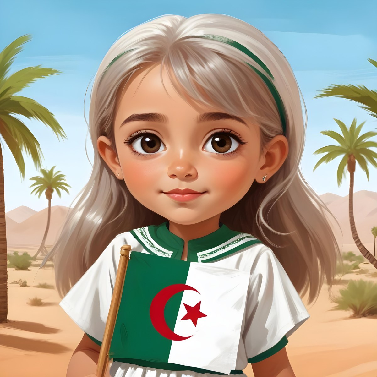 Digital Painting An Algerian Girl Age 8 With White Hair Holding An Algerian Flag Wearing A Green Dress With White Details In The Desert With Palm Trees And A Blue Sky Bold And Slim Lines Brush Strokes 9 5dd4