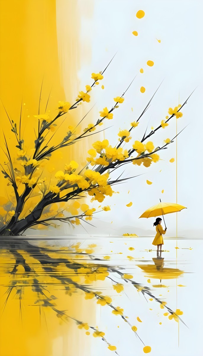 Digital Painting An Asian Woman With A Yellow Umbrella In A Yellow Flowers Field Bold And Slim Lines Brush Strokes 10 5fca