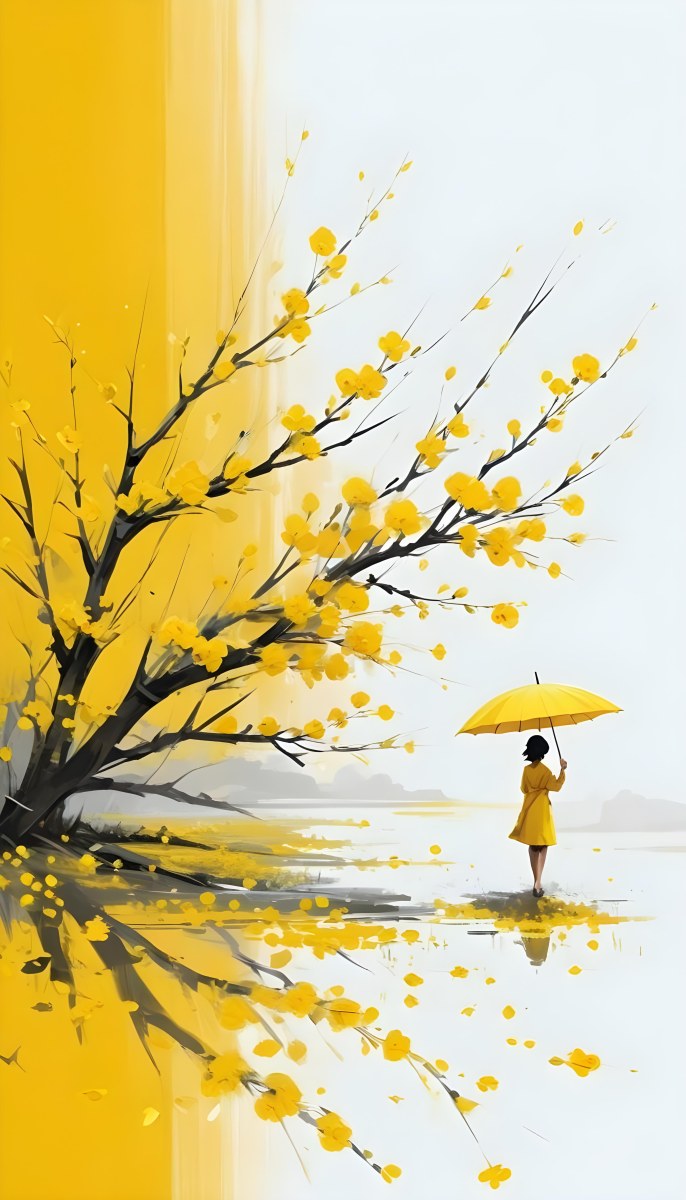 Digital Painting An Asian Woman With A Yellow Umbrella In A Yellow Flowers Field Bold And Slim Lines Brush Strokes 11 5f2b