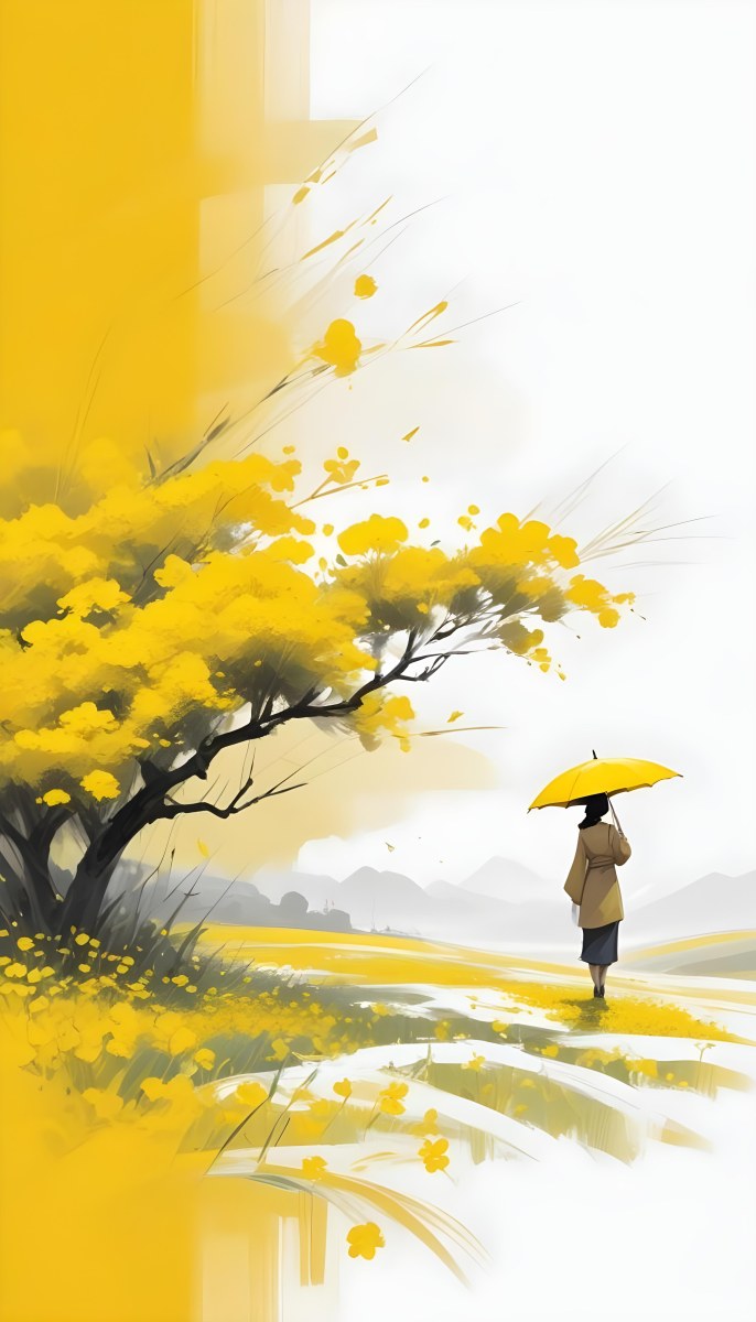 Digital Painting An Asian Woman With A Yellow Umbrella In A Yellow Flowers Field Bold And Slim Lines Brush Strokes 12 6779