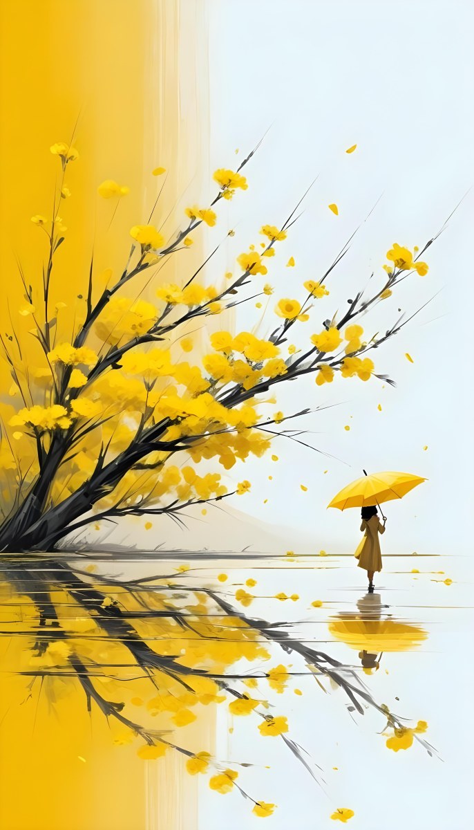 Digital Painting An Asian Woman With A Yellow Umbrella In A Yellow Flowers Field Bold And Slim Lines Brush Strokes 16 1226