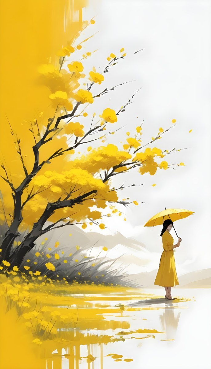Digital Painting An Asian Woman With A Yellow Umbrella In A Yellow Flowers Field Bold And Slim Lines Brush Strokes 17 D9ce