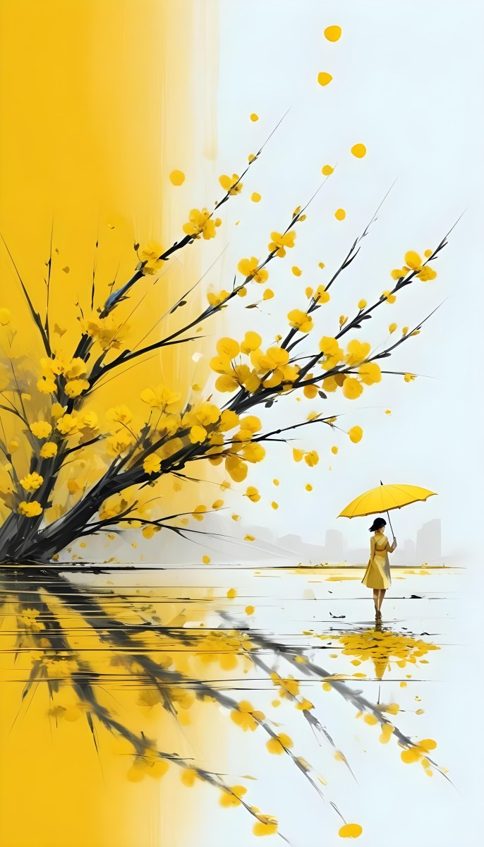 Digital Painting An Asian Woman With A Yellow Umbrella In A Yellow Flowers Field Bold And Slim Lines Brush Strokes 20 12ef