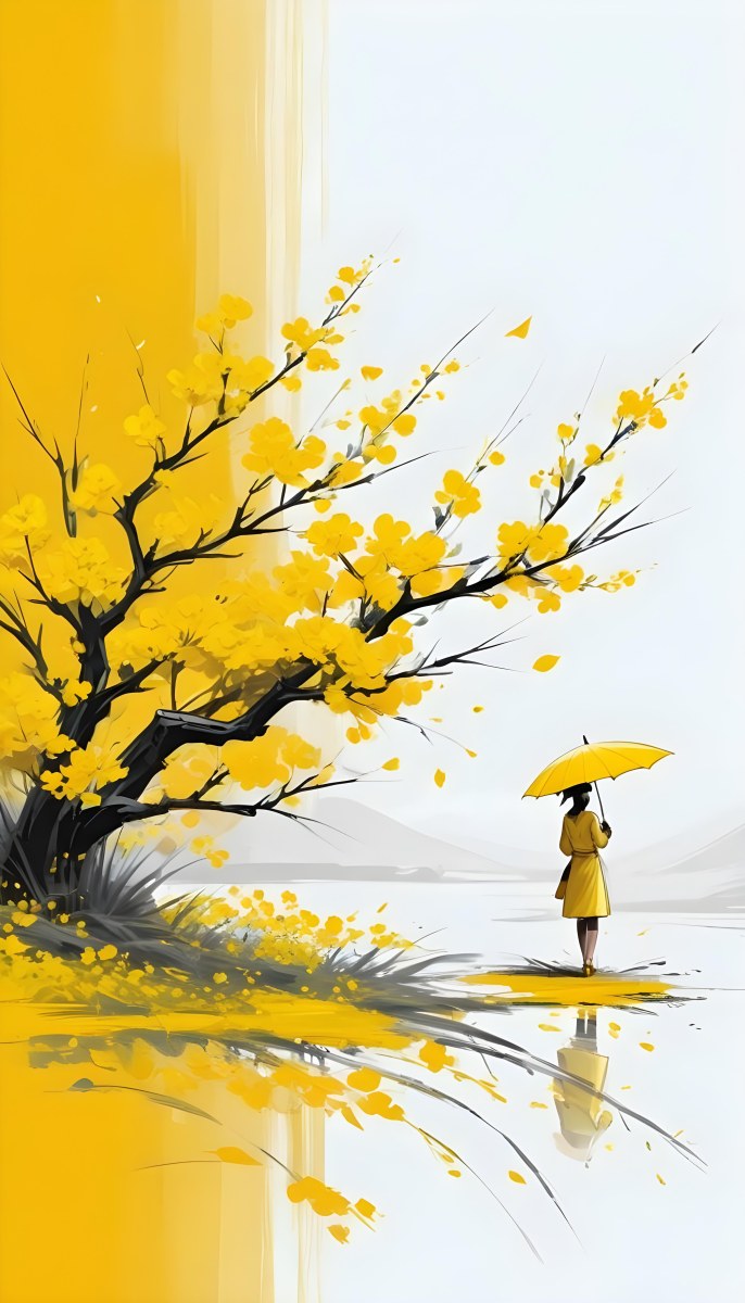 Digital Painting An Asian Woman With A Yellow Umbrella In A Yellow Flowers Field Bold And Slim Lines Brush Strokes 29 Ef41