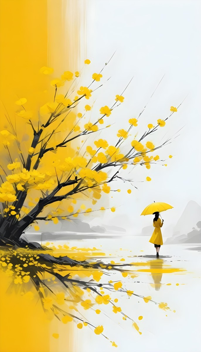 Digital Painting An Asian Woman With A Yellow Umbrella In A Yellow Flowers Field Bold And Slim Lines Brush Strokes 3 989e
