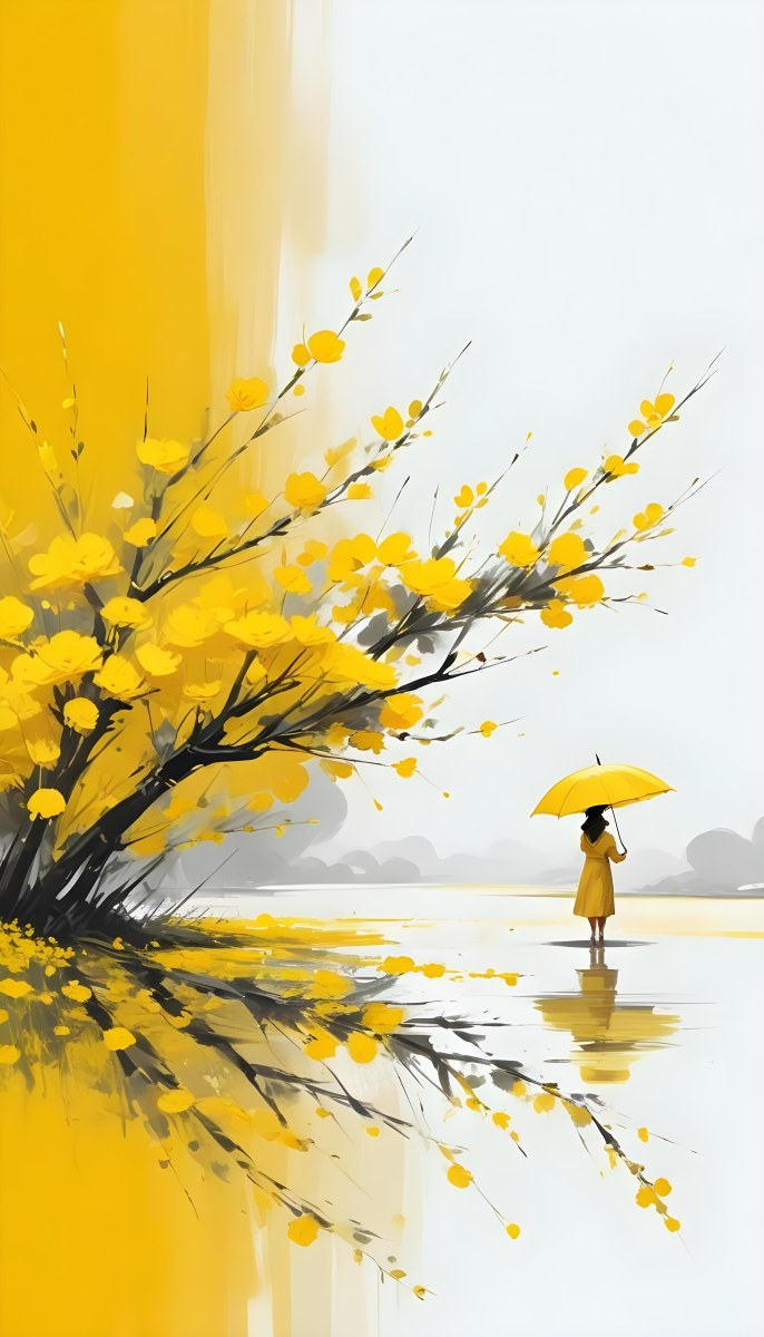 Digital Painting An Asian Woman With A Yellow Umbrella In A Yellow Flowers Field Bold And Slim Lines Brush Strokes 31 0cf8