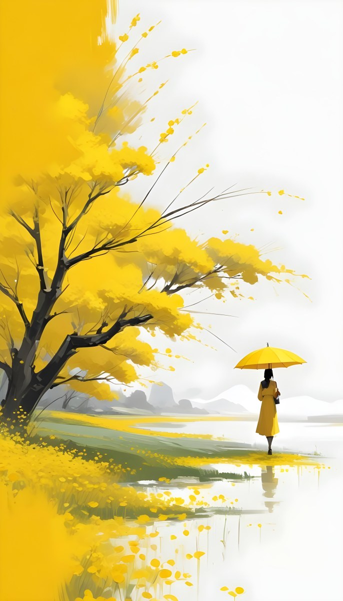Digital Painting An Asian Woman With A Yellow Umbrella In A Yellow Flowers Field Bold And Slim Lines Brush Strokes 32 71a4
