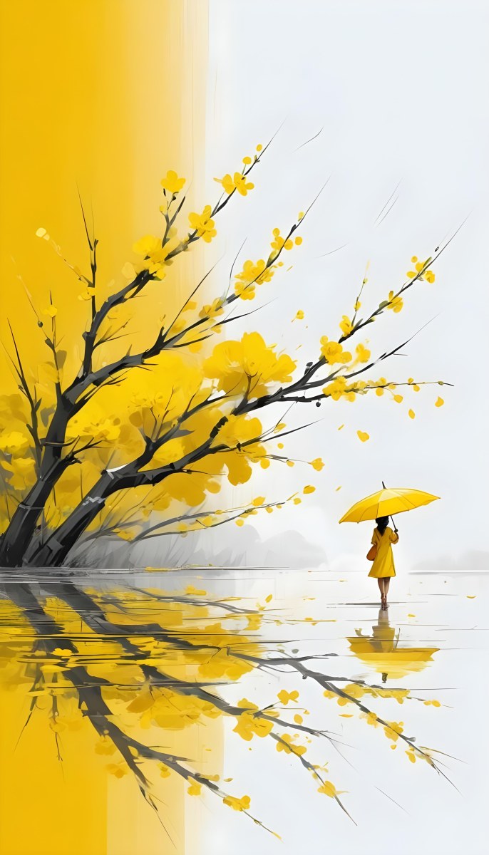 Digital Painting An Asian Woman With A Yellow Umbrella In A Yellow Flowers Field Bold And Slim Lines Brush Strokes 33 049e