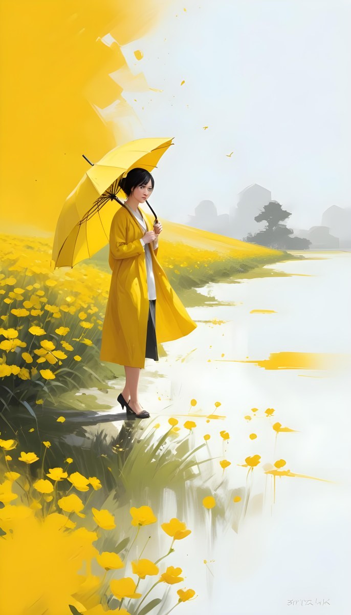 Digital Painting An Asian Woman With A Yellow Umbrella In A Yellow Flowers Field Bold And Slim Lines Brush Strokes 34 0860