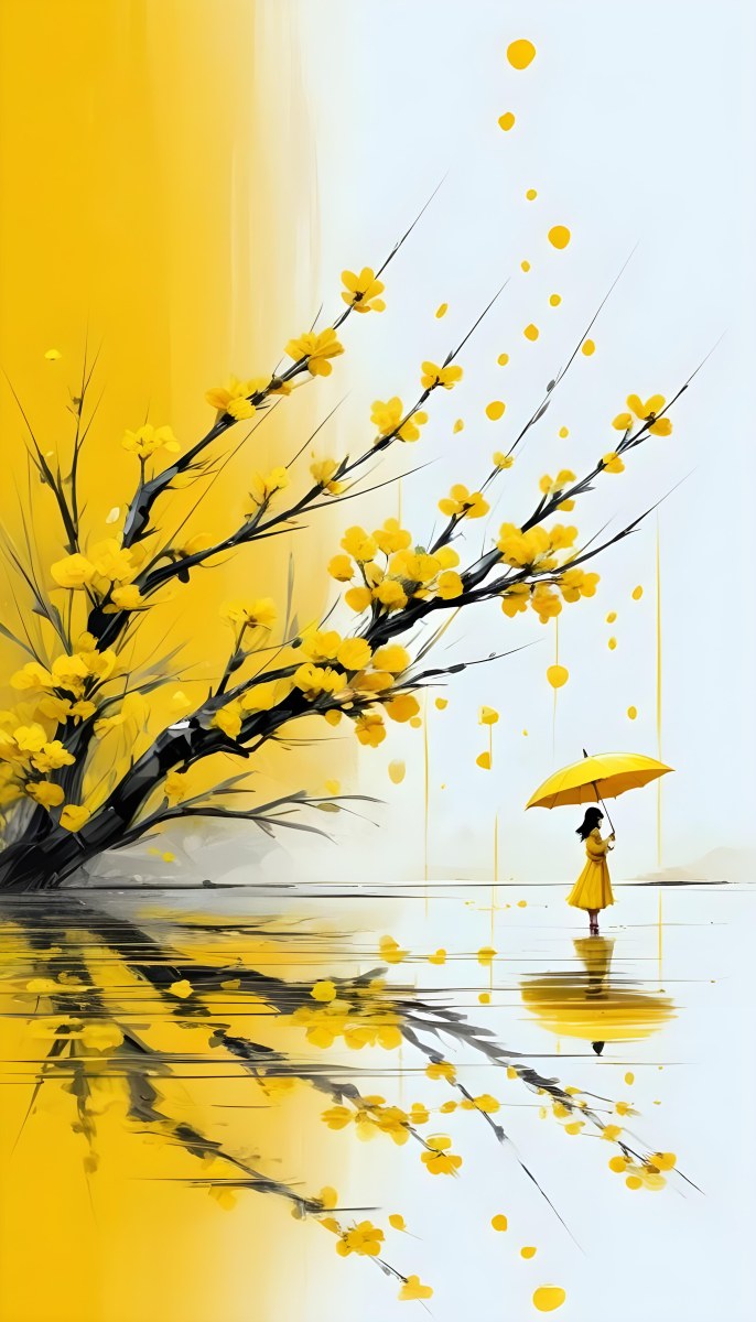 Digital Painting An Asian Woman With A Yellow Umbrella In A Yellow Flowers Field Bold And Slim Lines Brush Strokes 35 3708