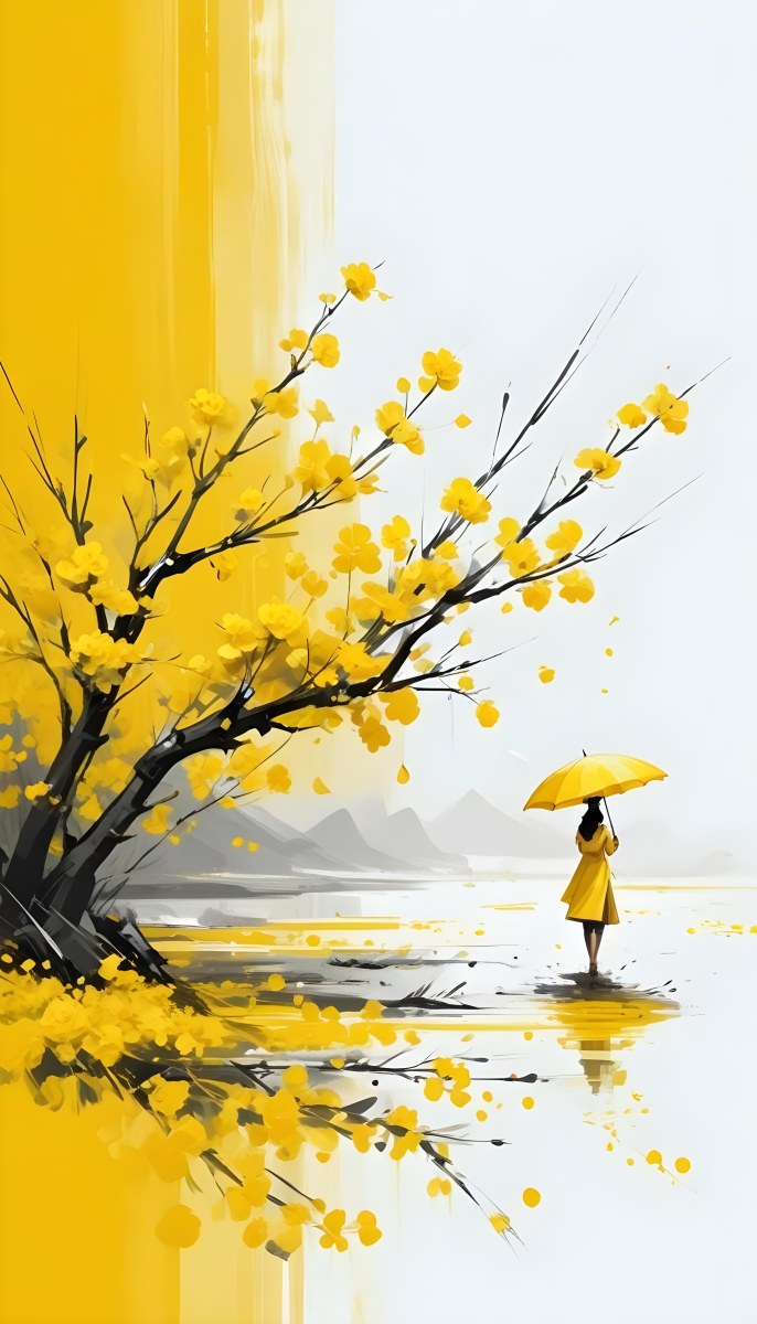 Digital Painting An Asian Woman With A Yellow Umbrella In A Yellow Flowers Field Bold And Slim Lines Brush Strokes 36 2a80