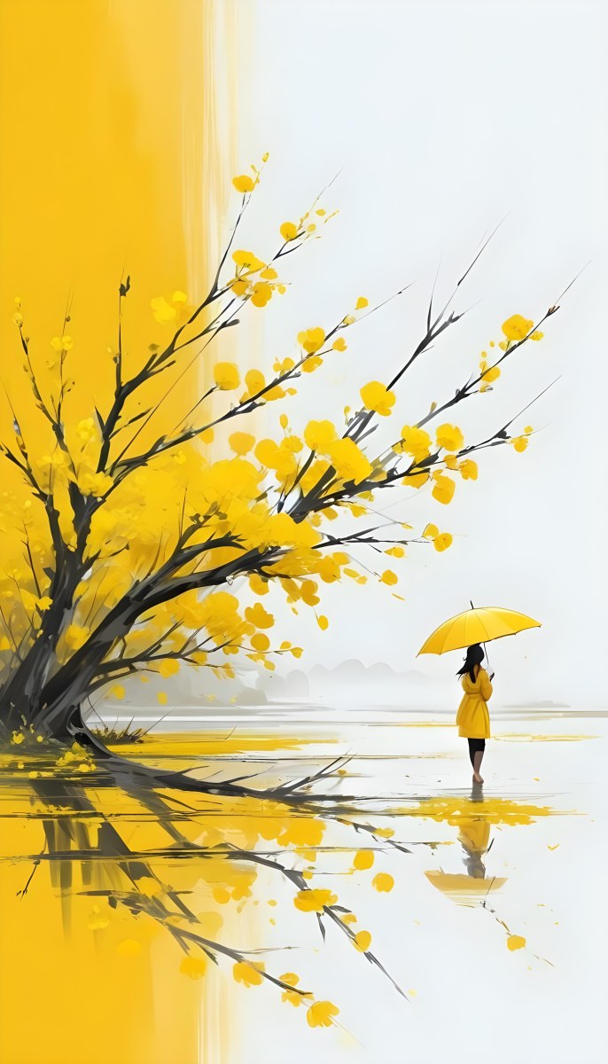 Digital Painting An Asian Woman With A Yellow Umbrella In A Yellow Flowers Field Bold And Slim Lines Brush Strokes 37 8e73