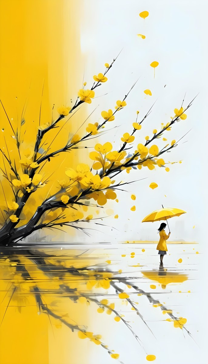 Digital Painting An Asian Woman With A Yellow Umbrella In A Yellow Flowers Field Bold And Slim Lines Brush Strokes 4 F491