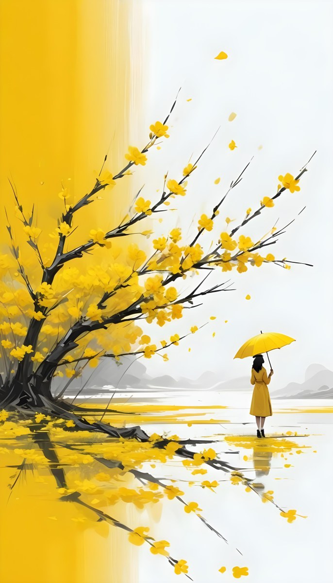 Digital Painting An Asian Woman With A Yellow Umbrella In A Yellow Flowers Field Bold And Slim Lines Brush Strokes 5 5e33