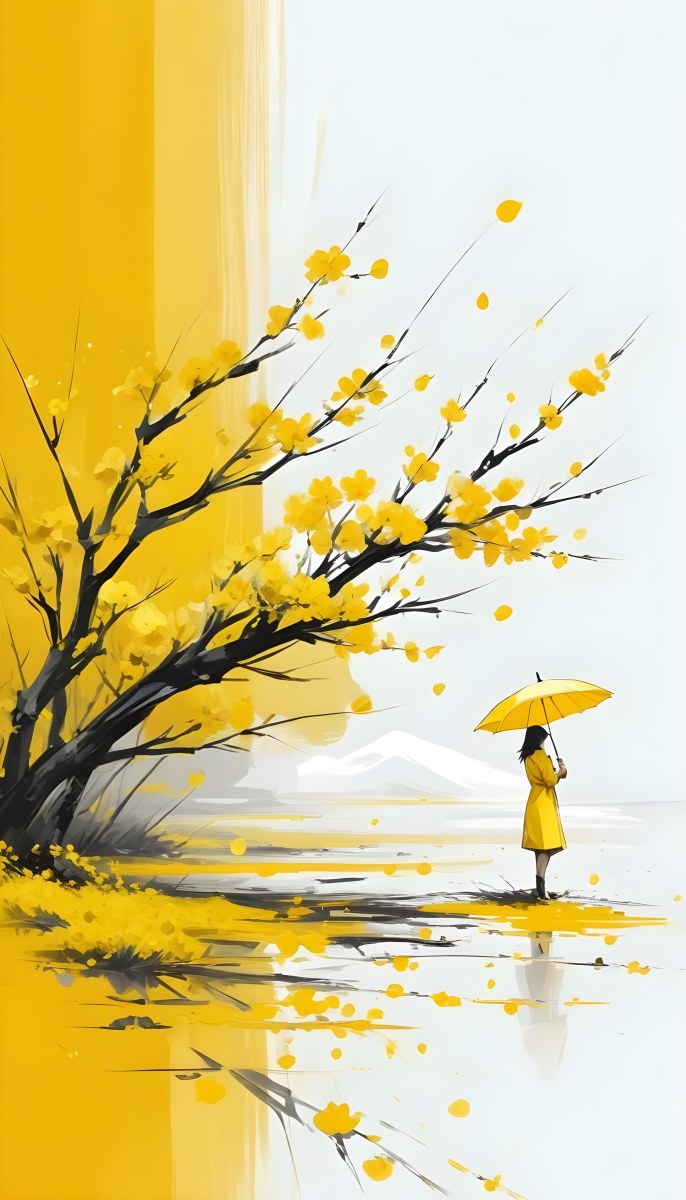 Digital Painting An Asian Woman With A Yellow Umbrella In A Yellow Flowers Field Bold And Slim Lines Brush Strokes 6 Ce55