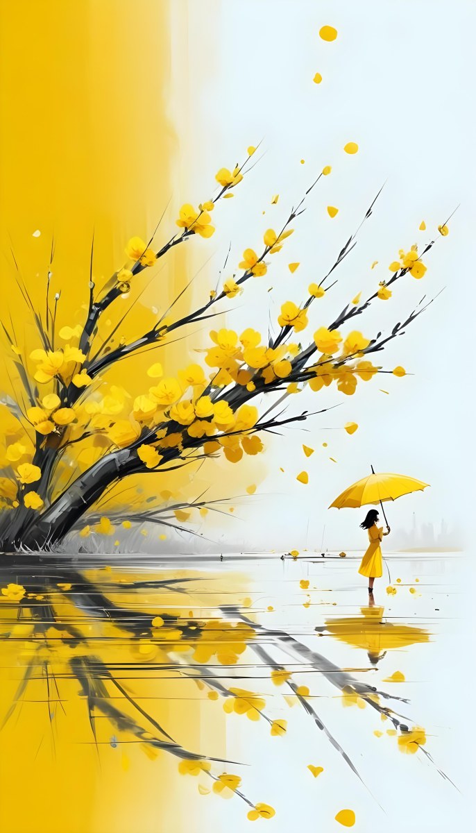 Digital Painting An Asian Woman With A Yellow Umbrella In A Yellow Flowers Field Bold And Slim Lines Brush Strokes 8 D413