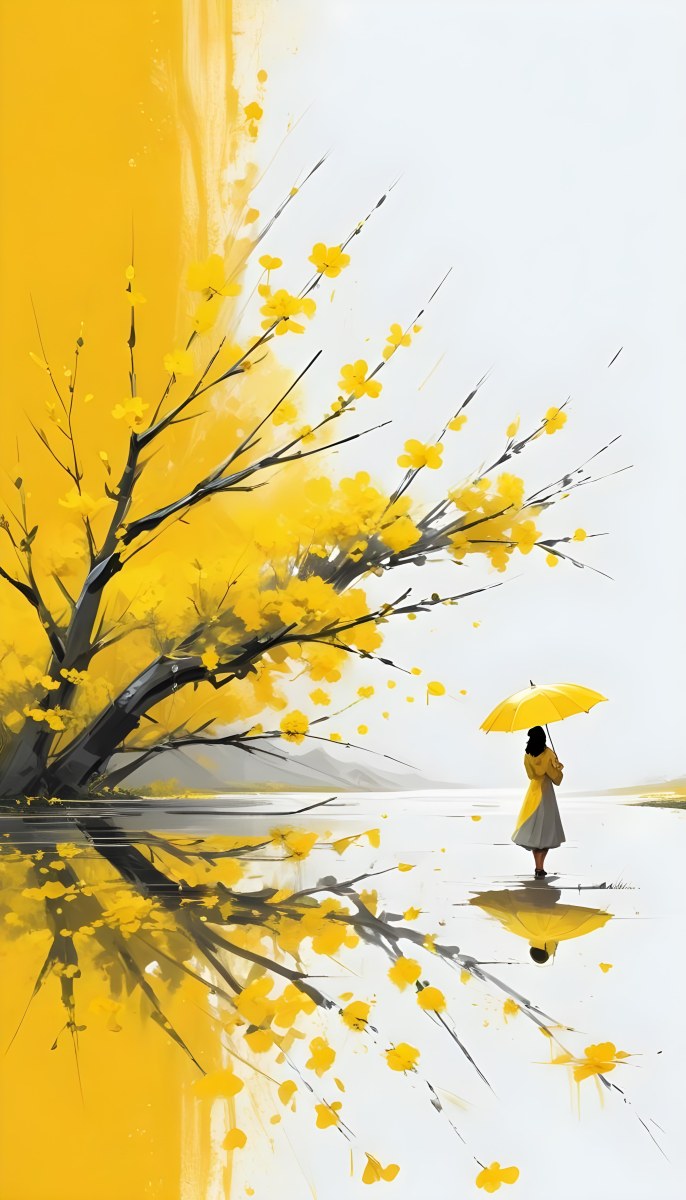Digital Painting An Asian Woman With A Yellow Umbrella In A Yellow Flowers Field Bold And Slim Lines Brush Strokes 9 Fd2d