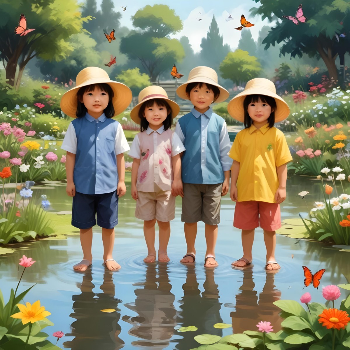 Digital Painting Three Asian Kids Around 6 Years Old With Hats In A Garden With A Pond And Flowers Butterflies And Birds Flying Around Bold And Slim Lines Brush Strokes 5 2bed