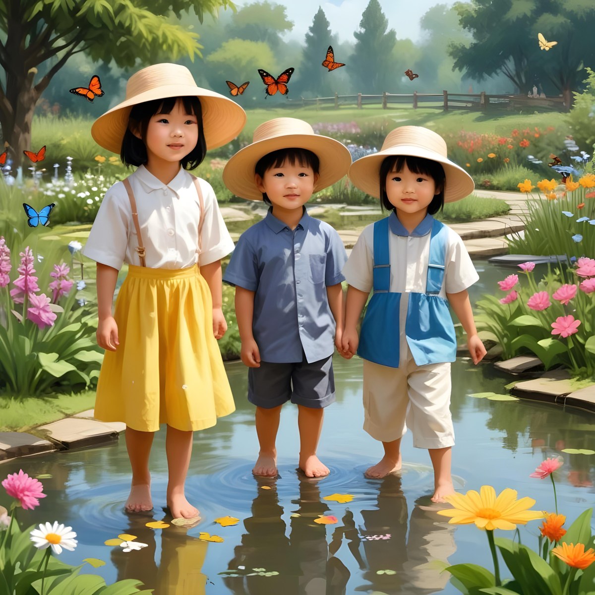 Digital Painting Three Asian Kids Around 6 Years Old With Hats In A Garden With A Pond And Flowers Butterflies And Birds Flying Around Bold And Slim Lines Brush Strokes 6 D1ac