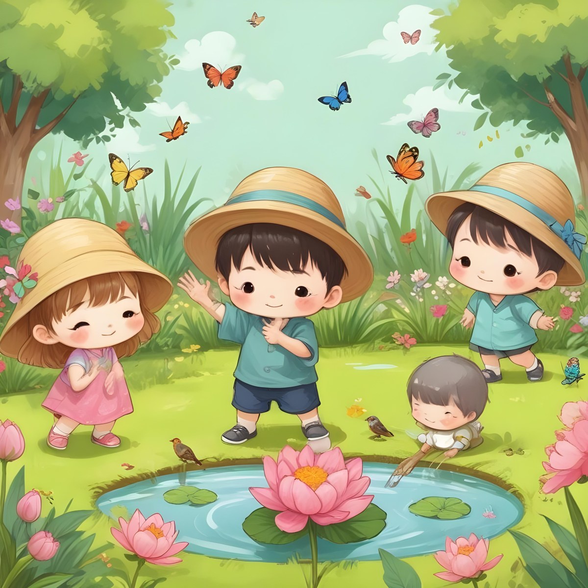 Digital Painting Three Asian Kids Around 6 Years Old With Hats In A Garden With A Pond And Flowers Butterflies And Birds Flying Around Bold And Slim Lines Brush Strokes 7 813f