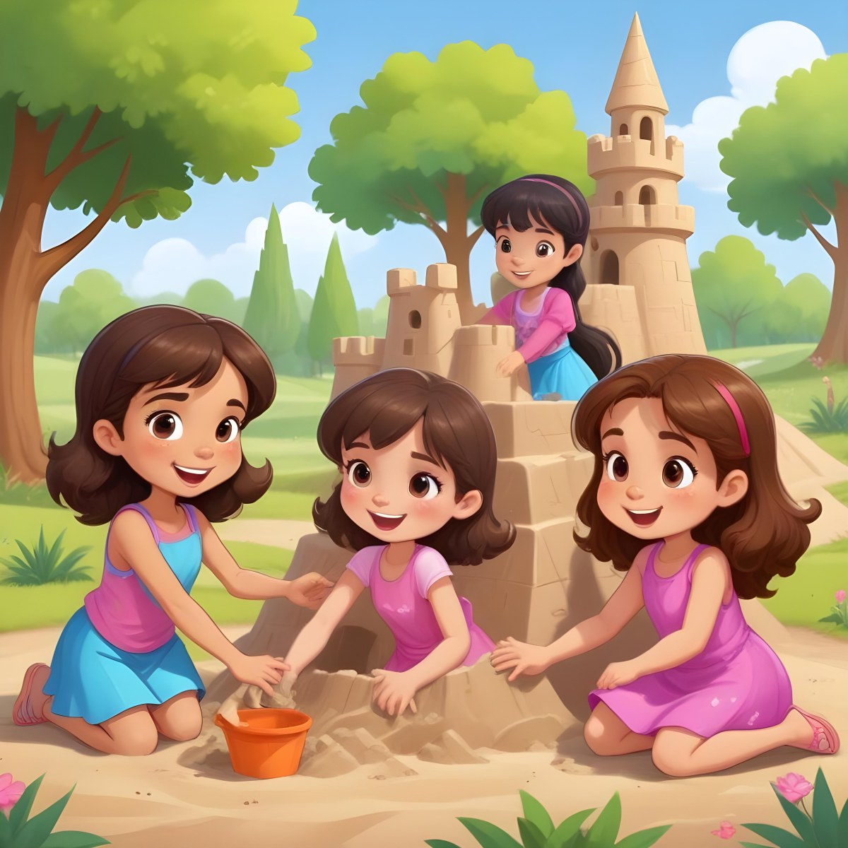 Digital Painting Three Children Playing In A Vibrant Park A Girl With Light Skin And Brown Hair Around 6 Years Old Is Building A Sandcastle Two Children One With Dark Hair And Light Skin And The Other With Bro 10 D3b7