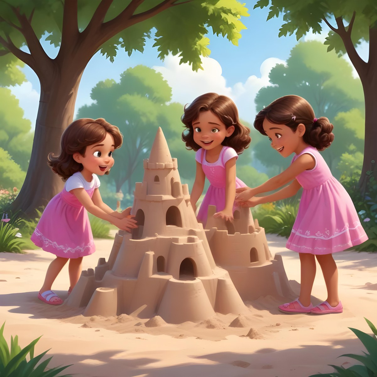 Digital Painting Three Children Playing In A Vibrant Park A Girl With Light Skin And Brown Hair Around 6 Years Old Is Building A Sandcastle Two Children One With Dark Hair And Light Skin And The Other With Bro 11 Ec46