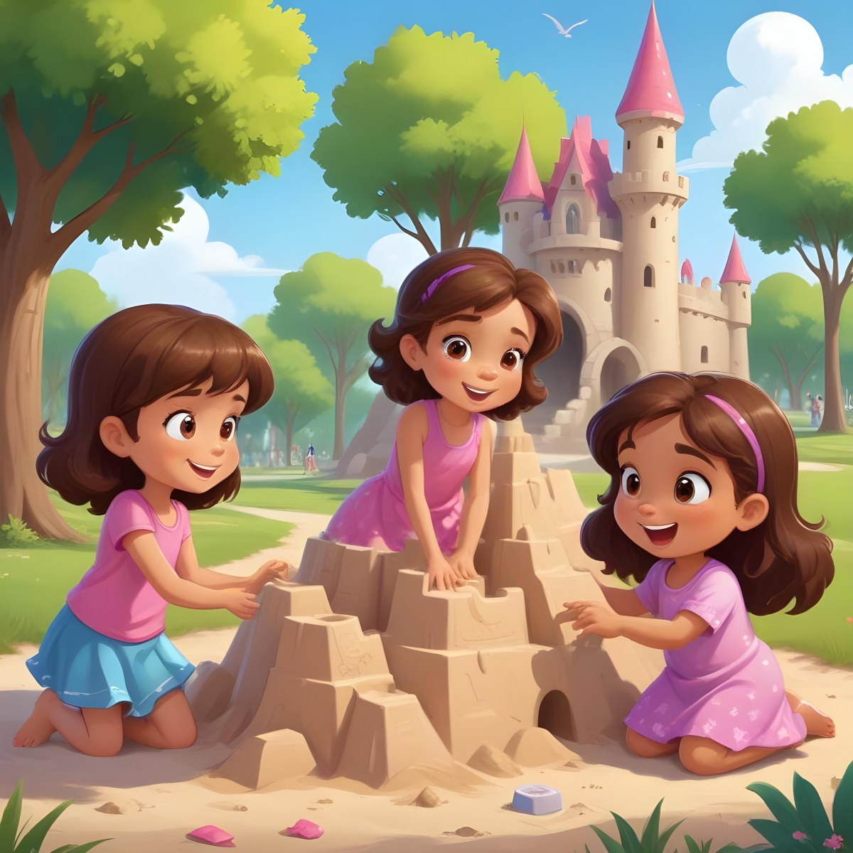 Digital Painting Three Children Playing In A Vibrant Park A Girl With Light Skin And Brown Hair Around 6 Years Old Is Building A Sandcastle Two Children One With Dark Hair And Light Skin And The Other With Bro 16 25c0