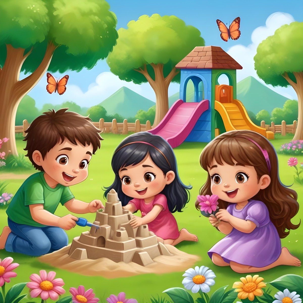 Digital Painting Three Children Playing In A Vibrant Park A Girl With Light Skin And Brown Hair Around 6 Years Old Is Building A Sandcastle Two Children One With Dark Hair And Light Skin And The Other With Bro 20 6575